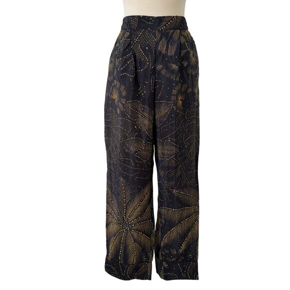 Farm Rio Golden Foliage Pajama Pants Black Tropical Celestial Sheer M NWT